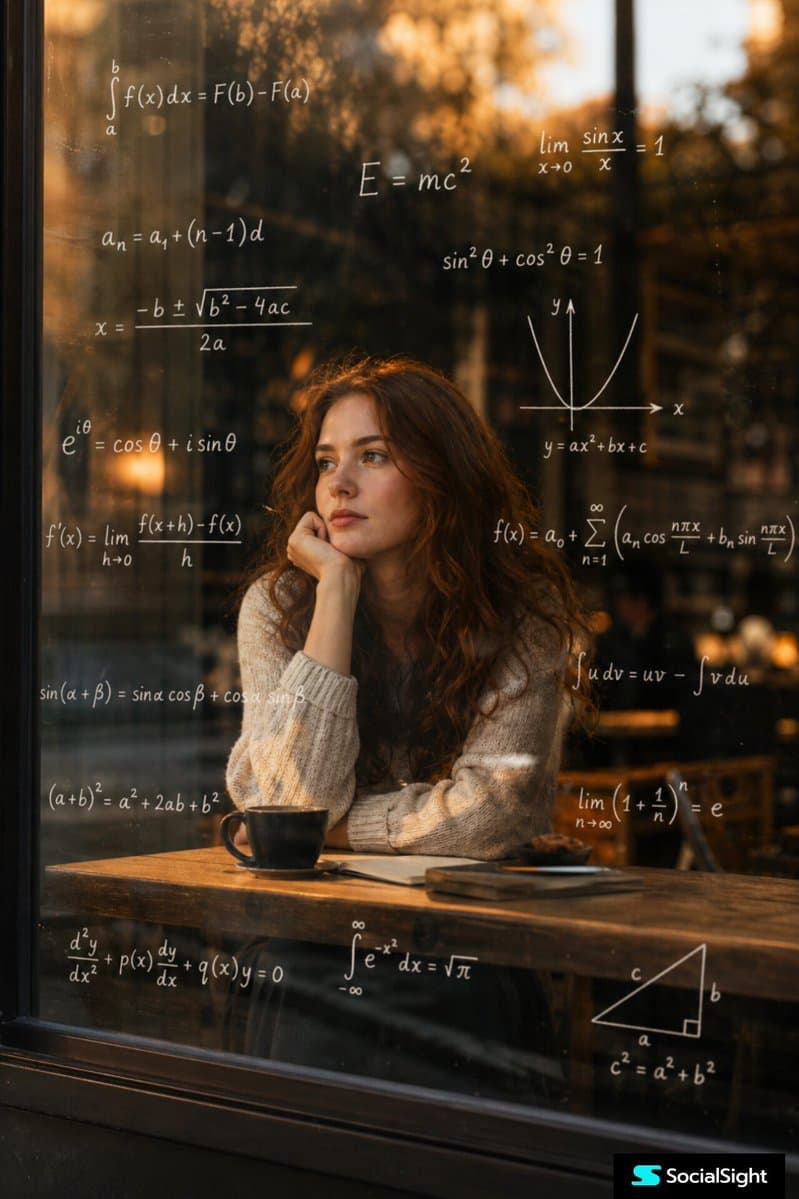 Thoughtful Woman Cafe Window Equations - AI image template preview