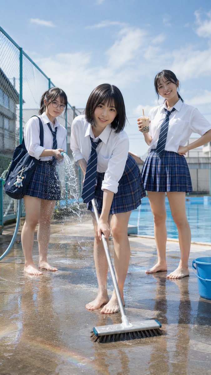 Japanese School Pool Cleaning Scene - AI image template preview