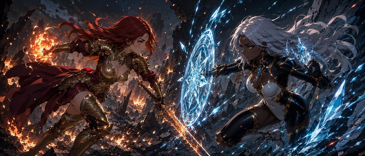 Fire Knight vs Ice Warrior Battle - AI image template preview