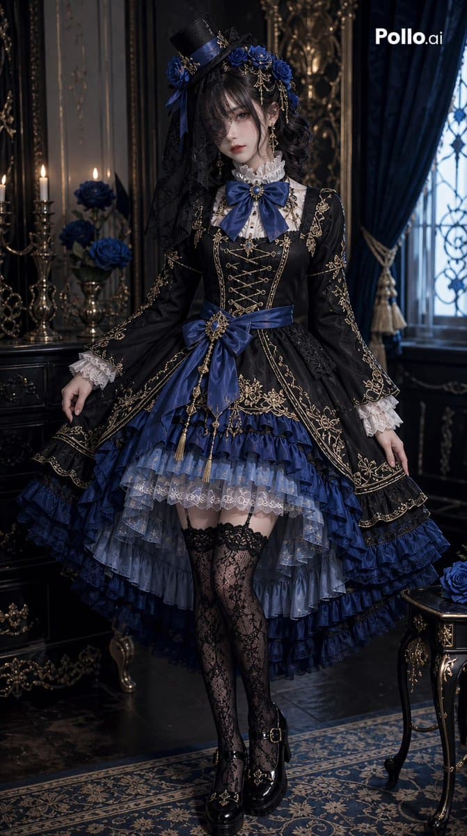 Blue Gothic Lolita Victorian Portrait - AI image template preview