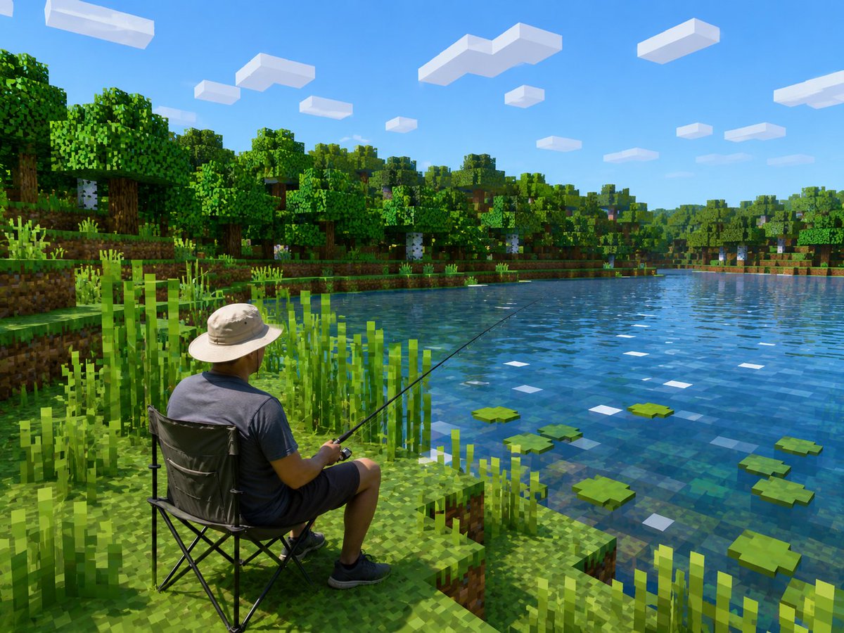 Realistic Fisherman in Minecraft Lake - AI image template preview