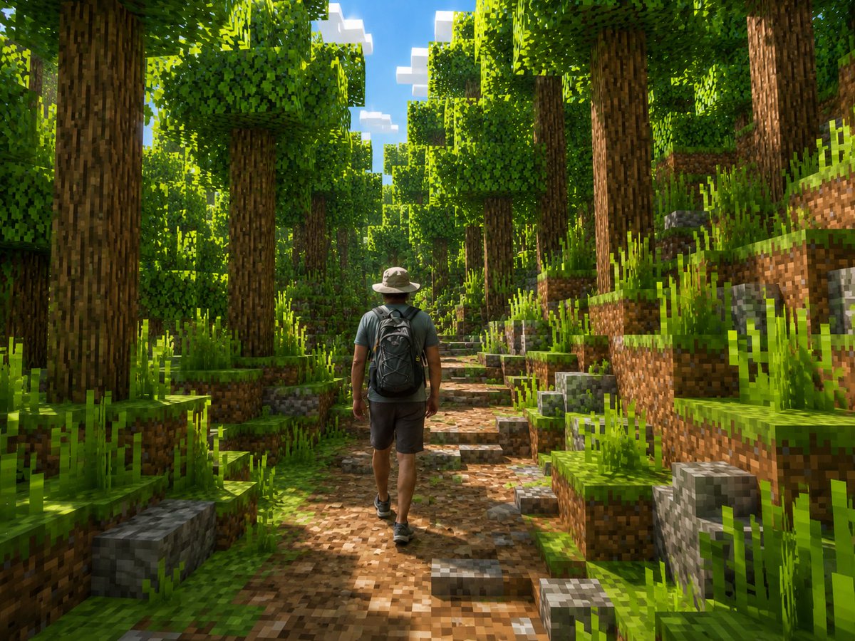 Real Hiker in Minecraft Forest - AI image template preview