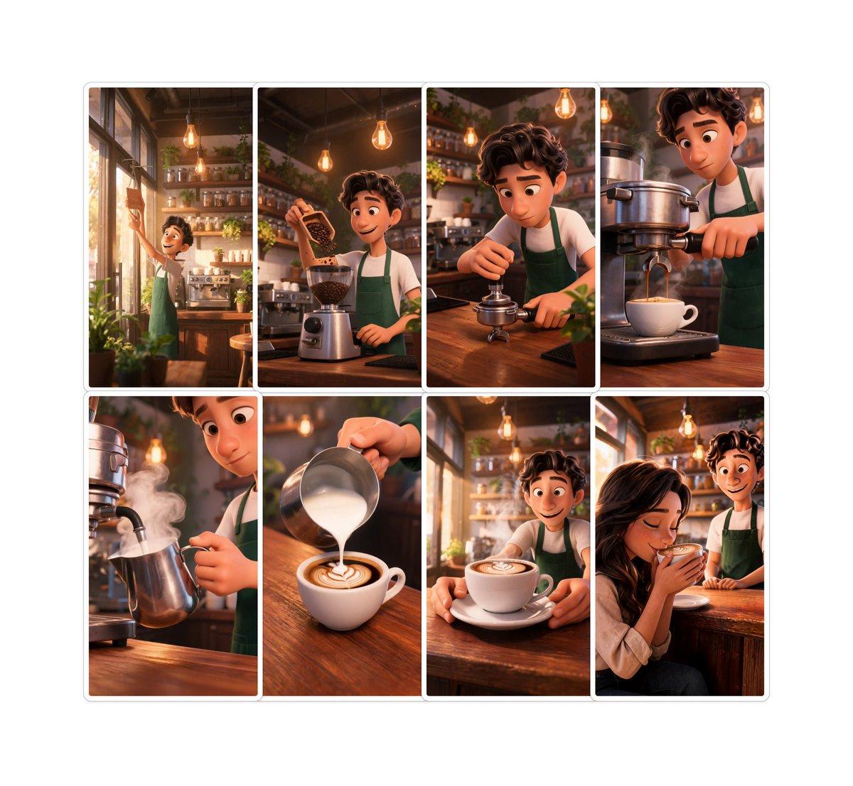 Pixar-Style Coffee Brand Storyboard - AI image template preview