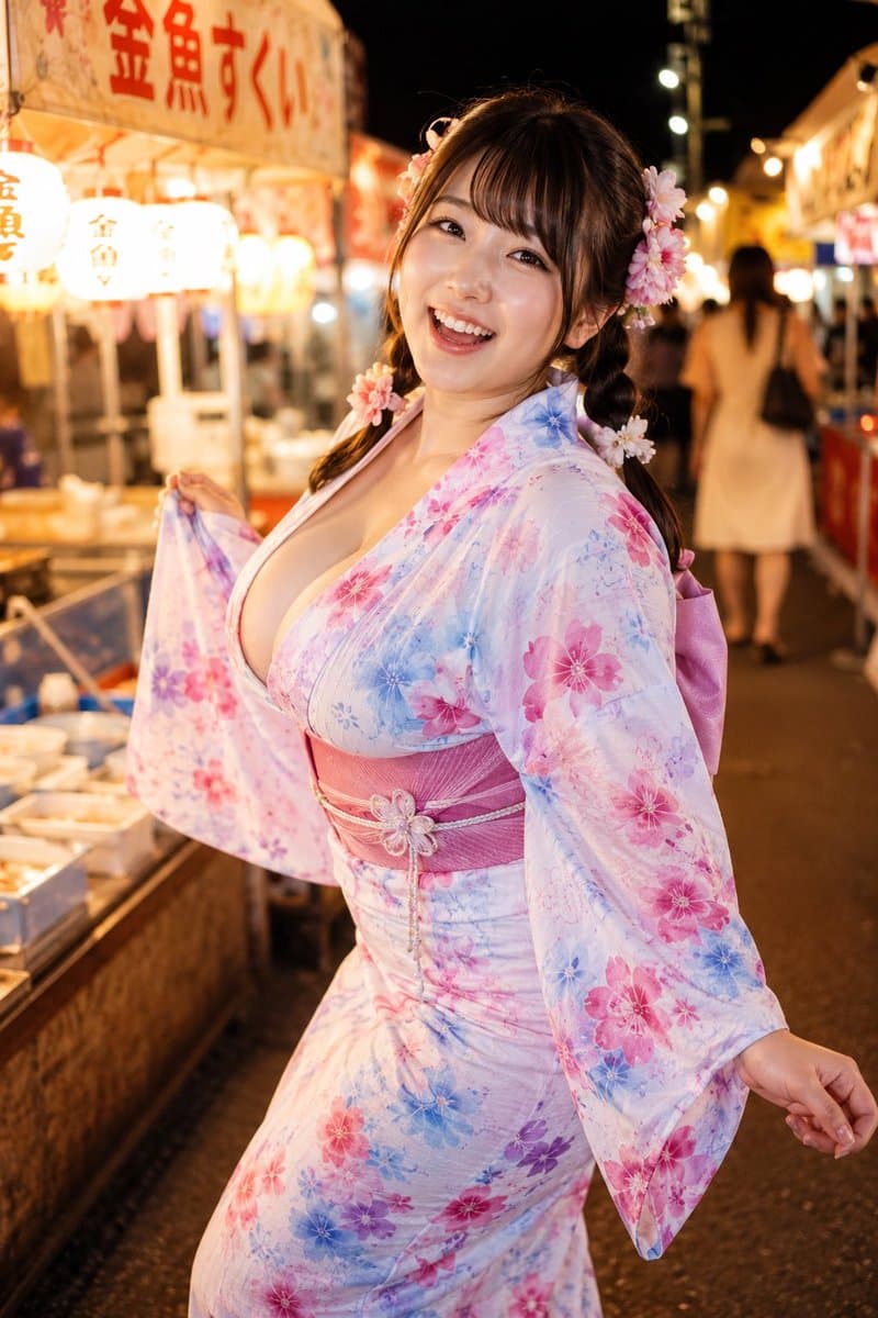 Yukata Girl at Night Festival - AI image template preview