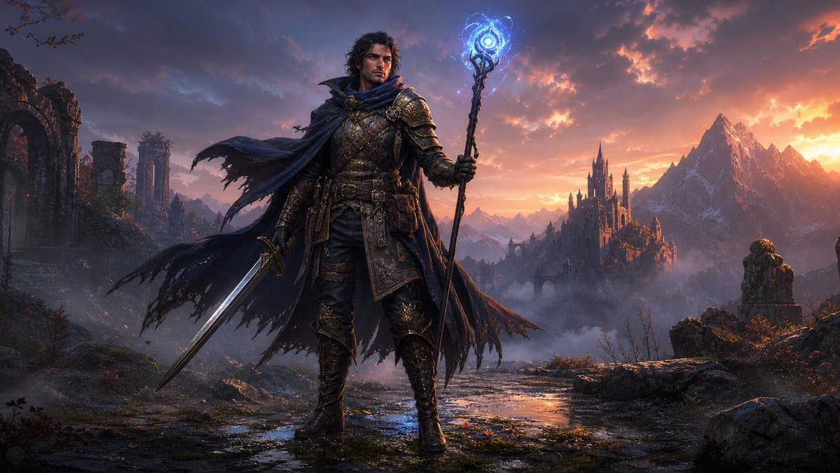 Dark Fantasy Spellblade at Sunset - AI image template preview