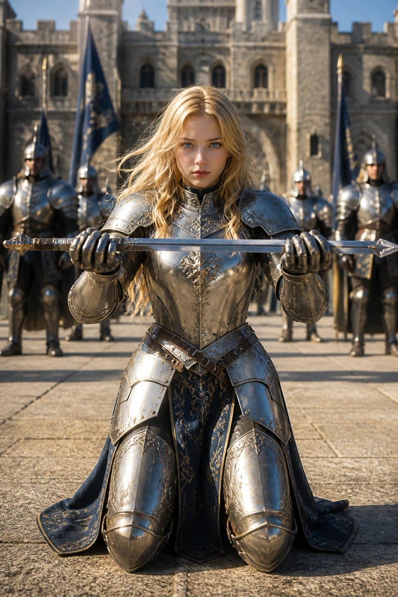 Kneeling Blonde Knight at Castle - AI image template preview