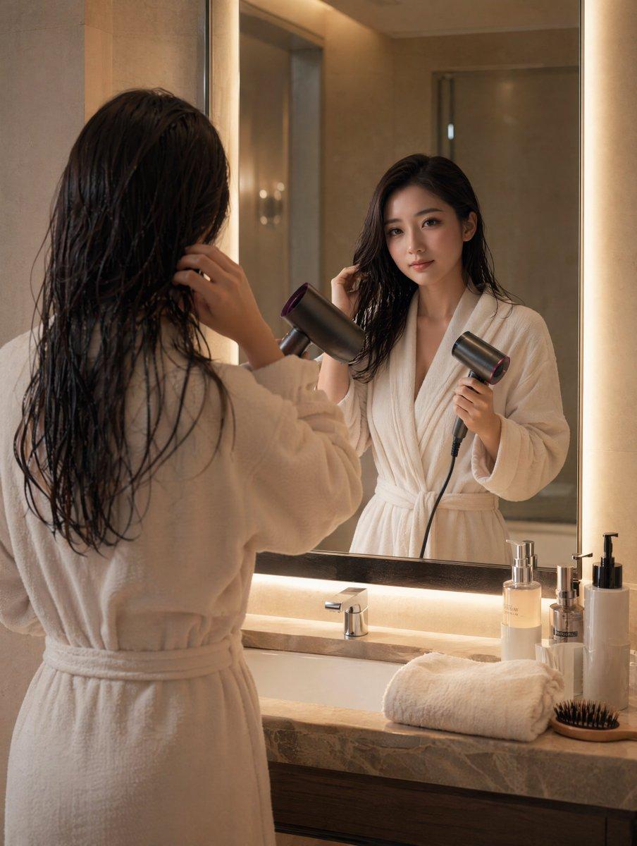 Morning Hair Drying Bathroom Scene - AI image template preview