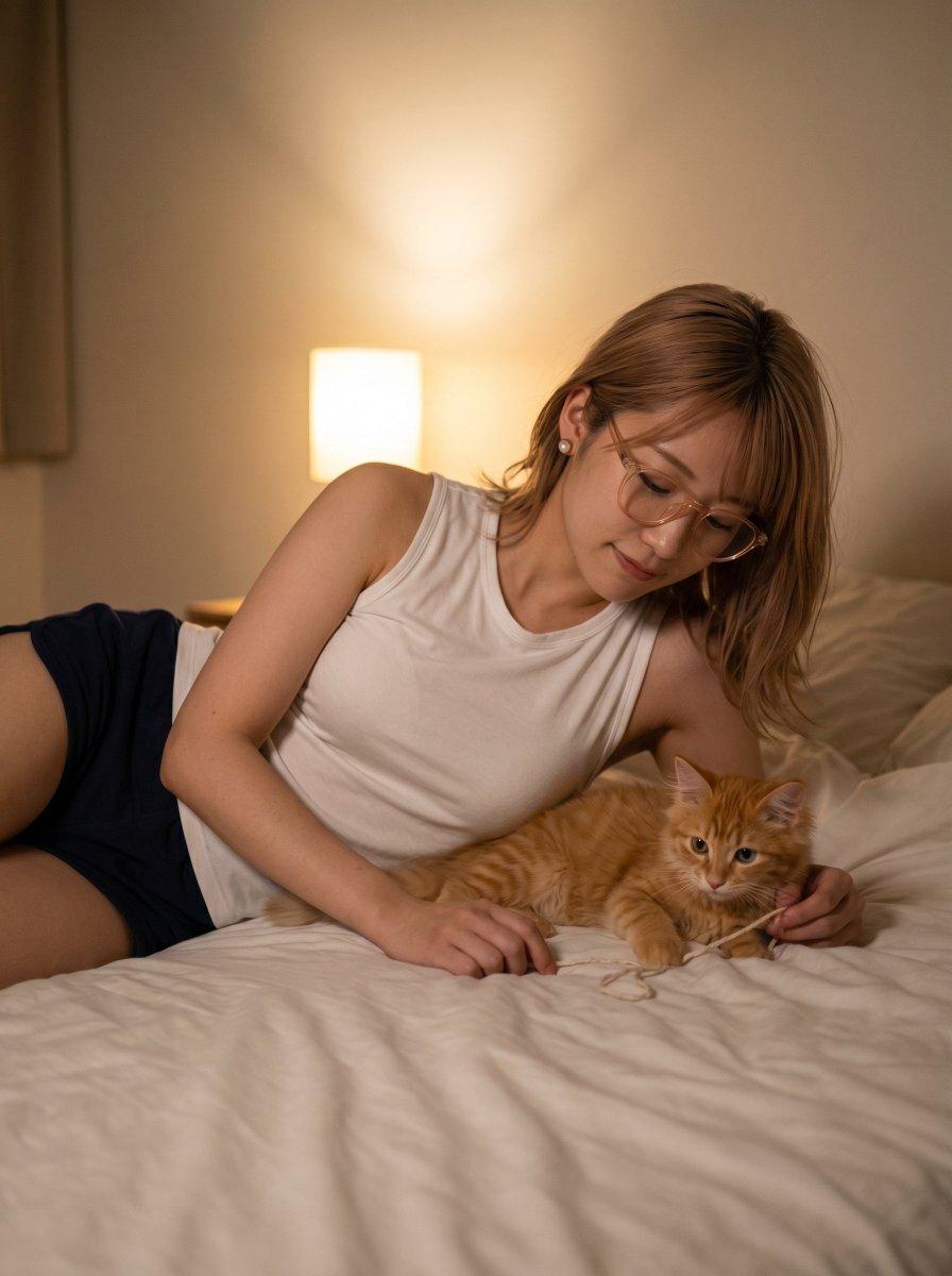 Cozy Bedtime Woman With Ginger Kitten - AI image template preview