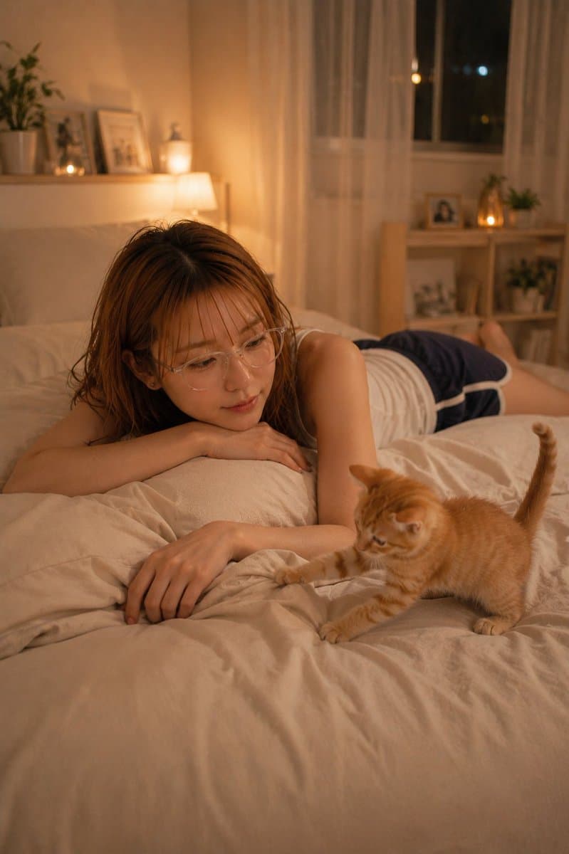 Cozy Night Bedroom With Kitten - AI image template preview