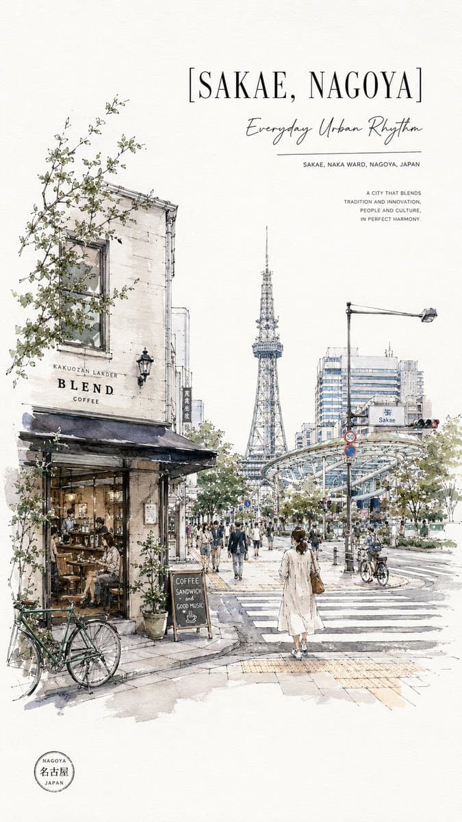 Sakae Nagoya Watercolor Travel Poster - AI image template preview