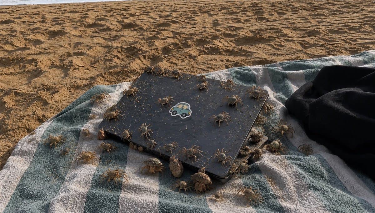 Crowded Crab Beach Laptop Scene - AI image template preview