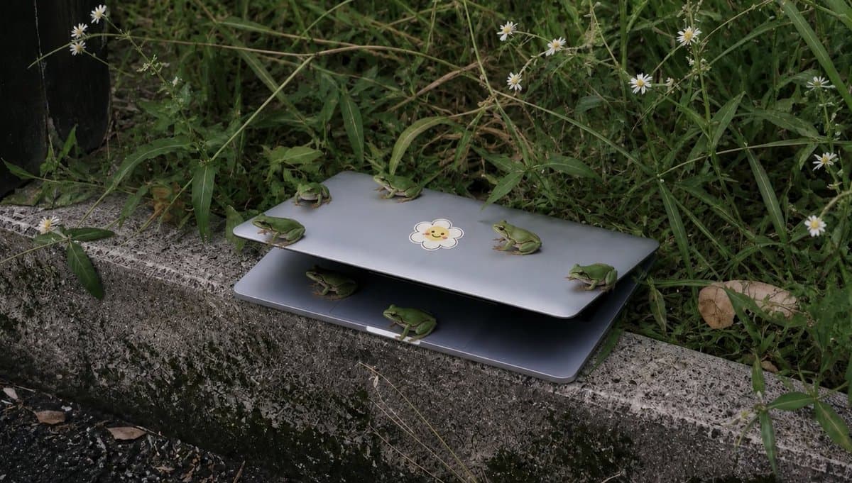 Frogs on a Laptop in Wild Grass - AI image template preview