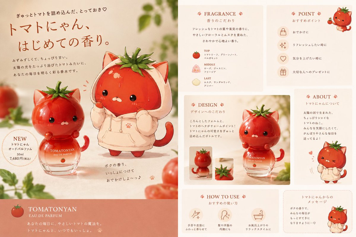 Kawaii Tomato Cat Perfume Flyer - AI image template preview