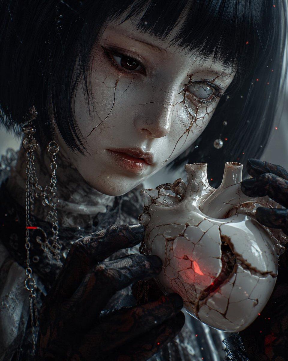 Cracked Porcelain Girl Holding Heart - AI image template preview