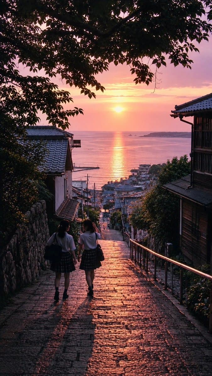 Nostalgic Japanese Seaside Sunset - AI image template preview
