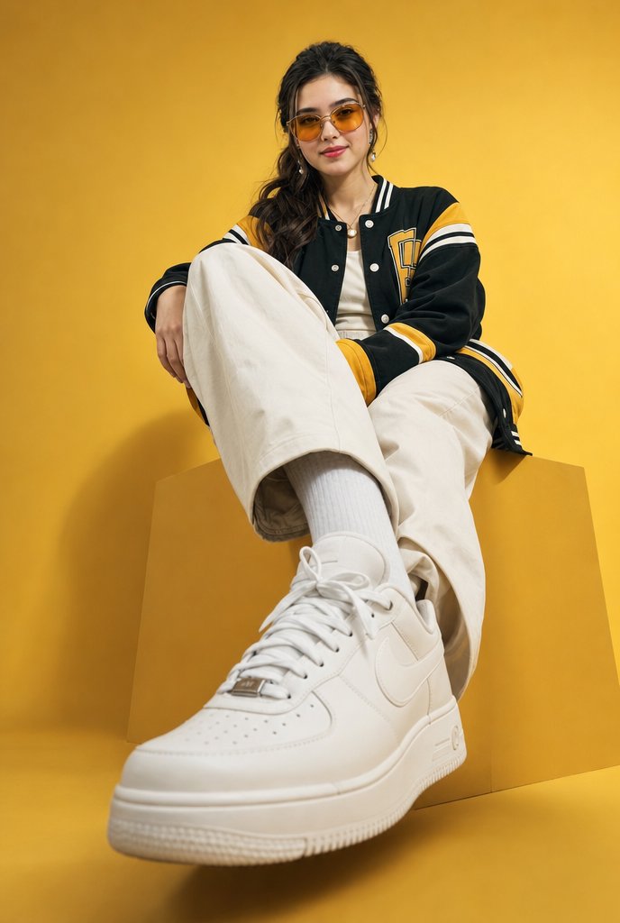 Low-Angle Varsity Fashion Portrait - AI image template preview