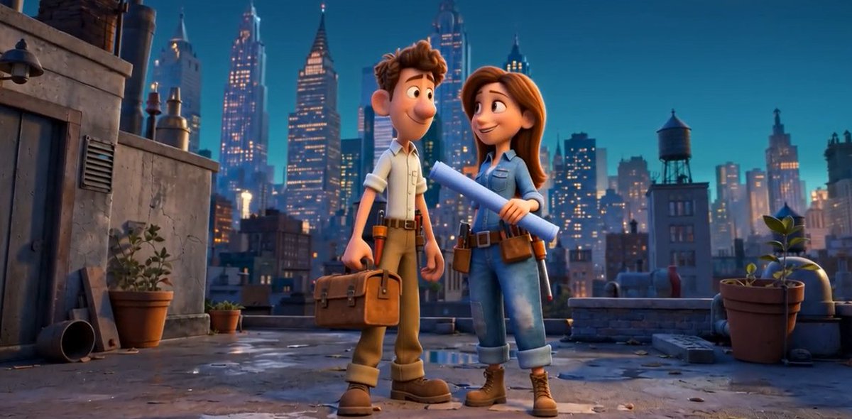 Pixar Rooftop Renovation Duo - AI image template preview