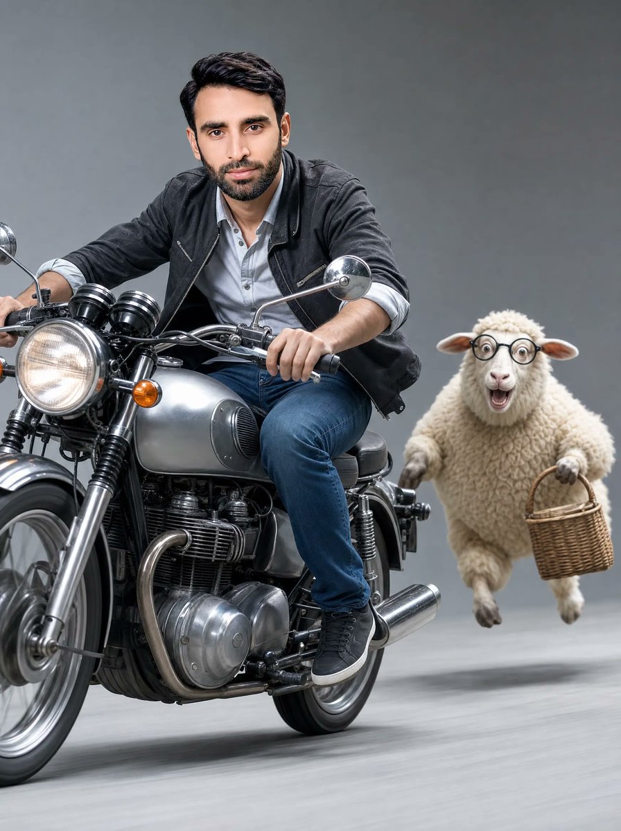 Man on Retro Motorcycle with Leaping Sheep - AI image template preview
