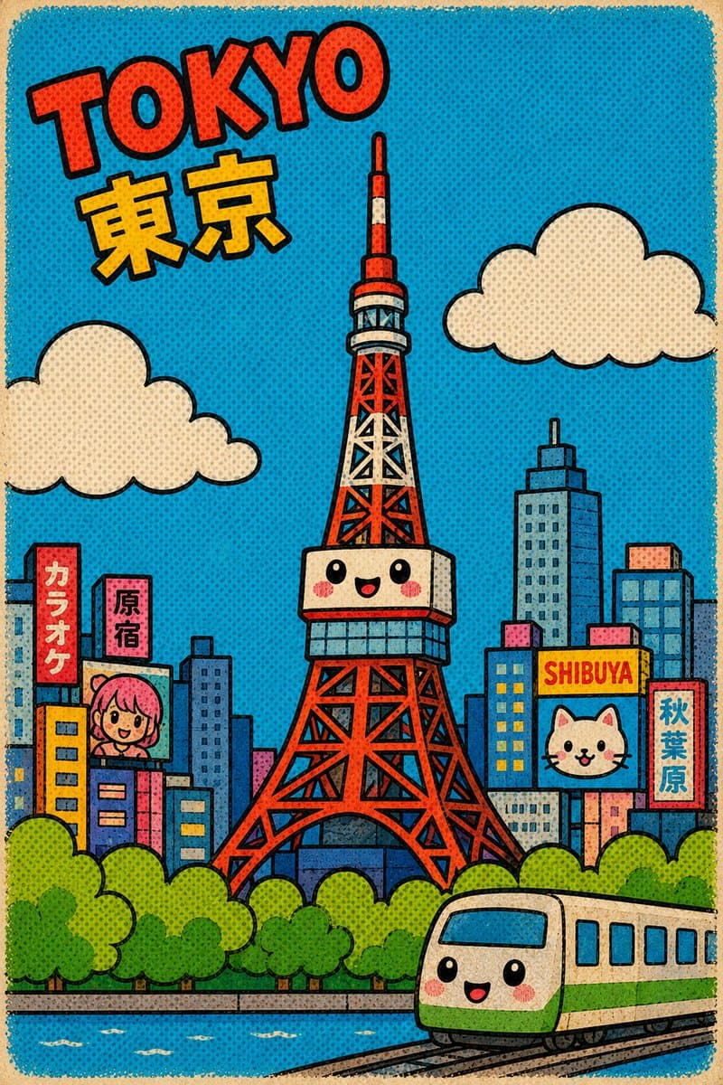 Cute Retro Tokyo Cartoon Cityscape - AI image template preview