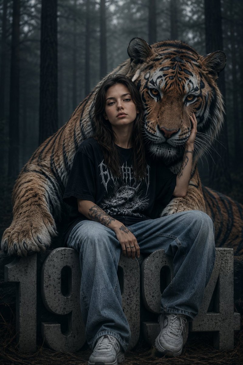 Dark Fantasy Girl with Bengal Tiger - AI image template preview