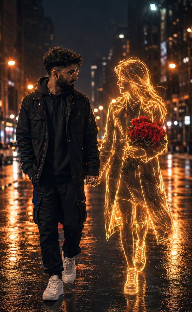 Holographic Woman in Urban Night - AI image template preview