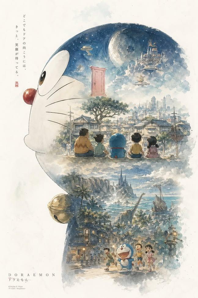 Doraemon Watercolor Silhouette Dreamscapes - AI image template preview