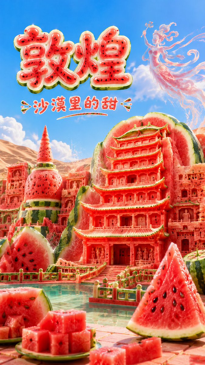 短文版提示词:
生成一张高传播感的 9:16 竖版「西瓜风格城市地标建筑」创意海报。
【用户输入】 - AI image template preview