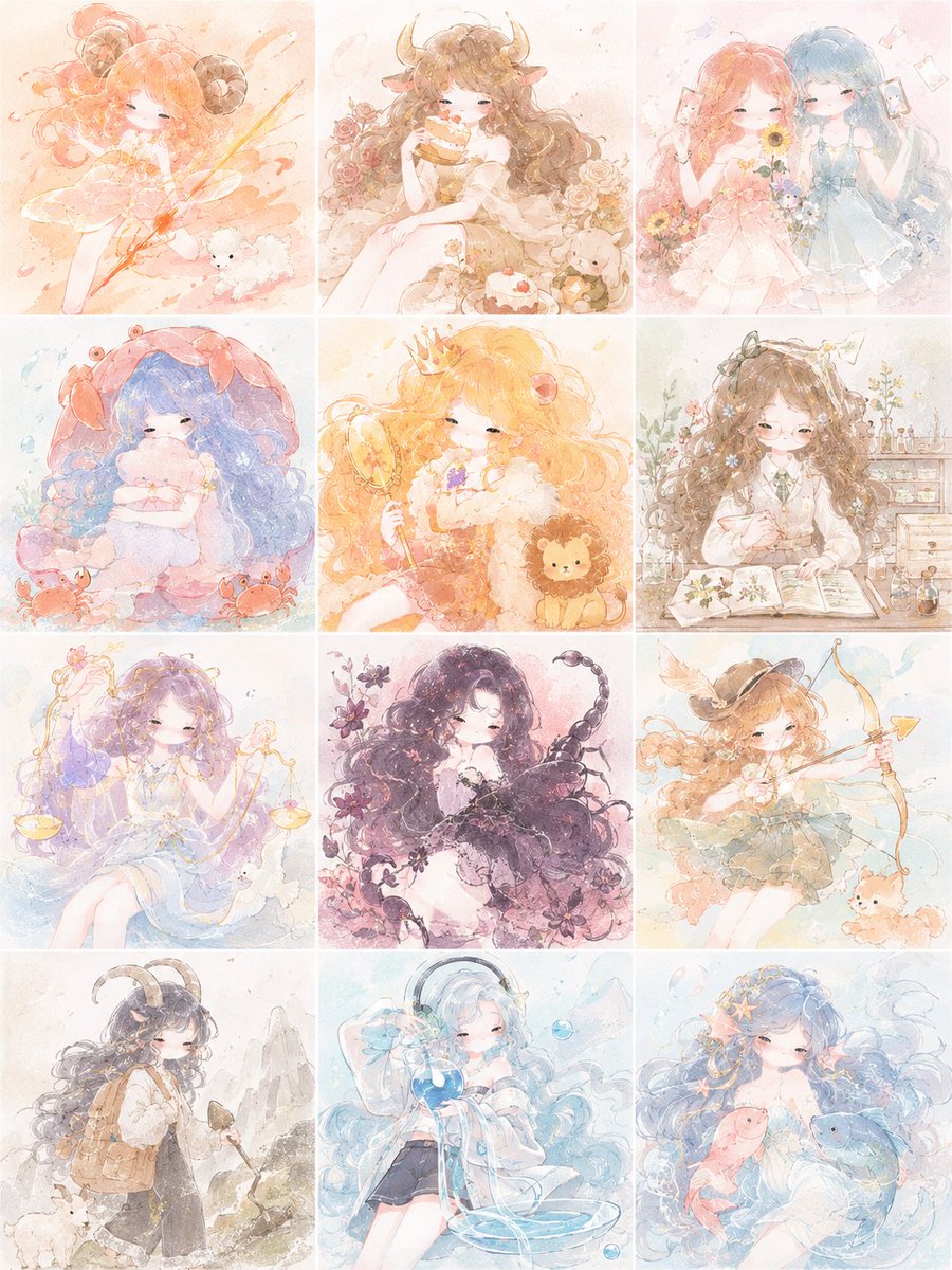 Pastel Zodiac Girls Grid - AI image template preview