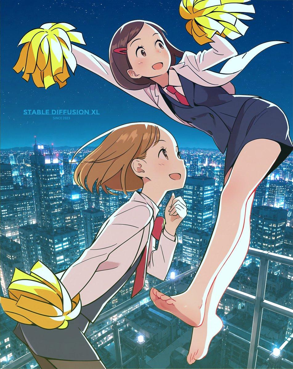 Anime Rooftop Cheerleaders at Night - AI image template preview