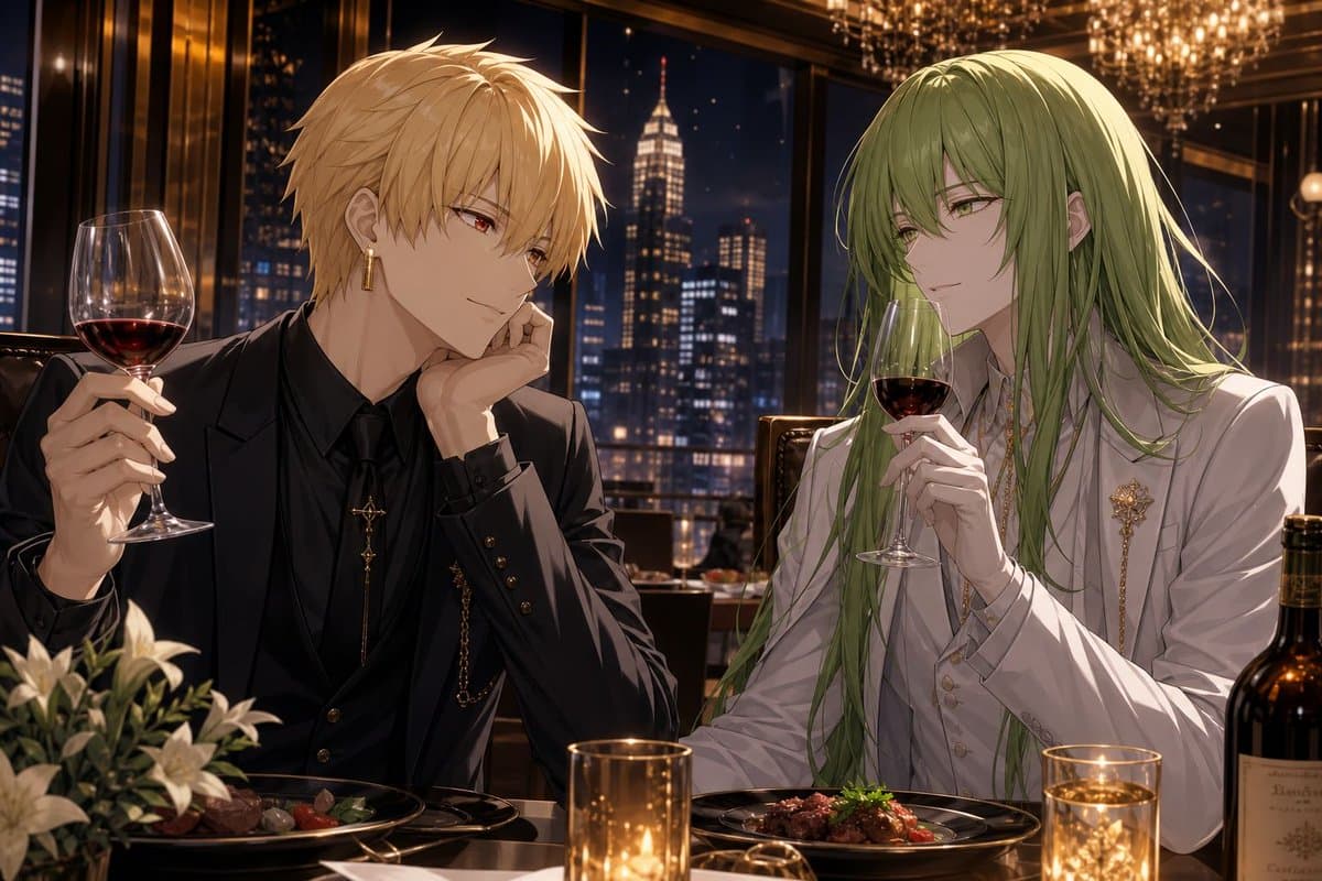 Elegant Anime Dinner with Two Fantasy Men - AI image template preview