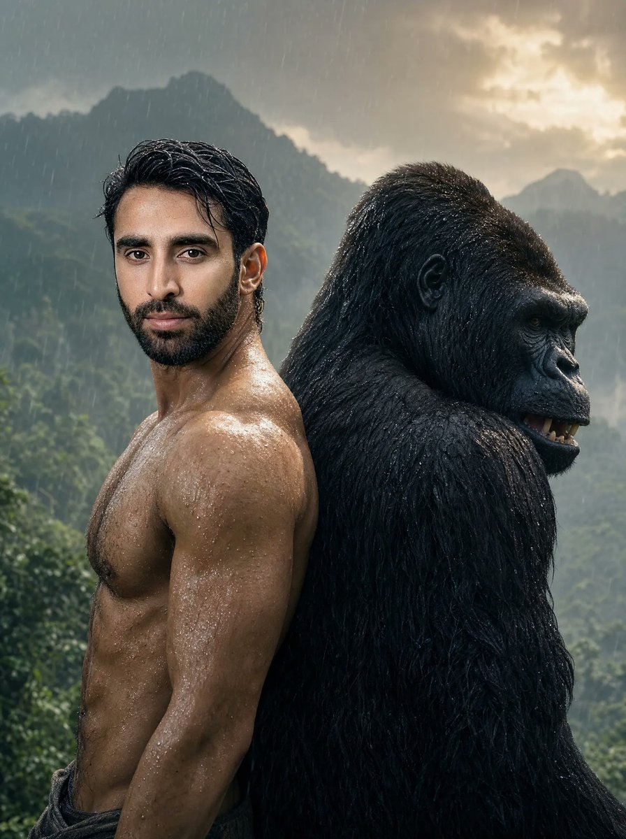 Rainy Jungle Man and Gorilla Portrait - AI image template preview