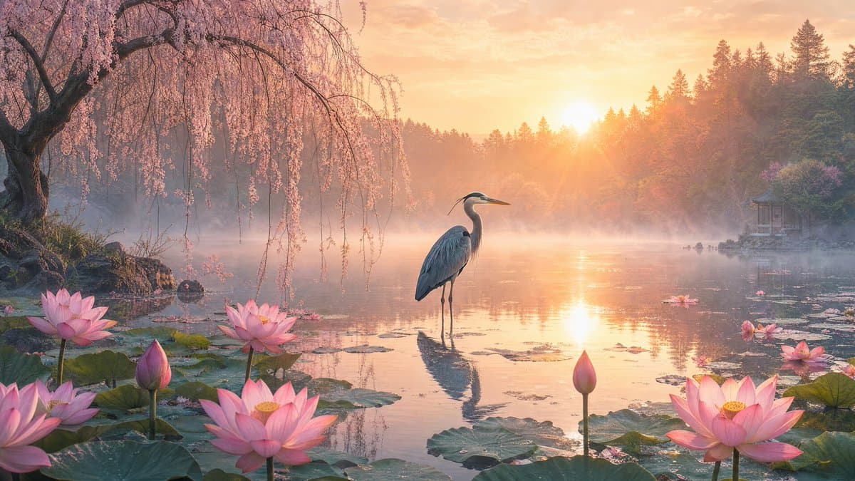 Misty Lotus Pond Heron Sunrise - AI image template preview