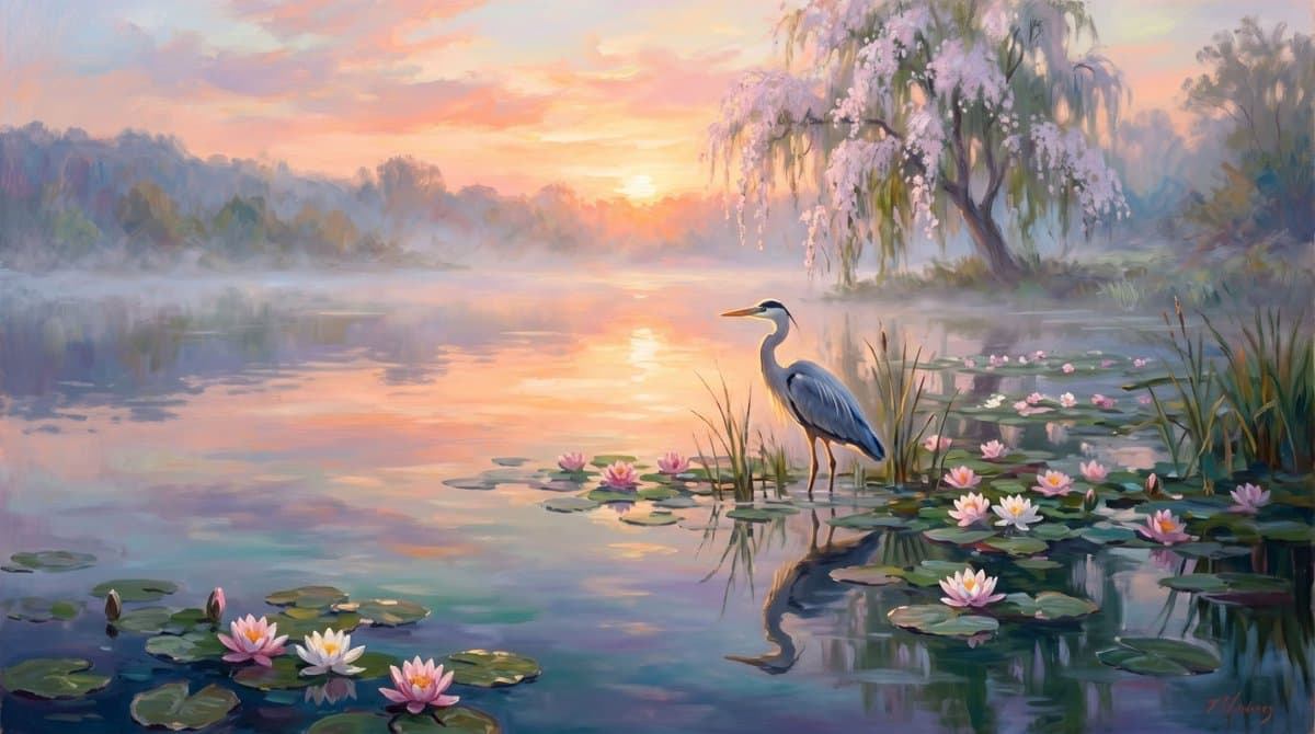 Calm Heron Sunrise Lake - AI image template preview