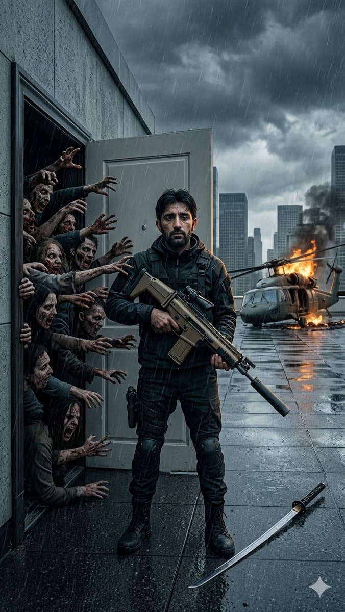 Stormy Rooftop Zombie Siege - AI image template preview