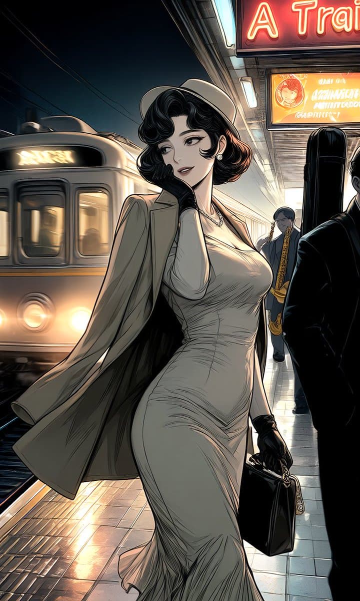 Elegant Woman on Night Train Platform - AI image template preview