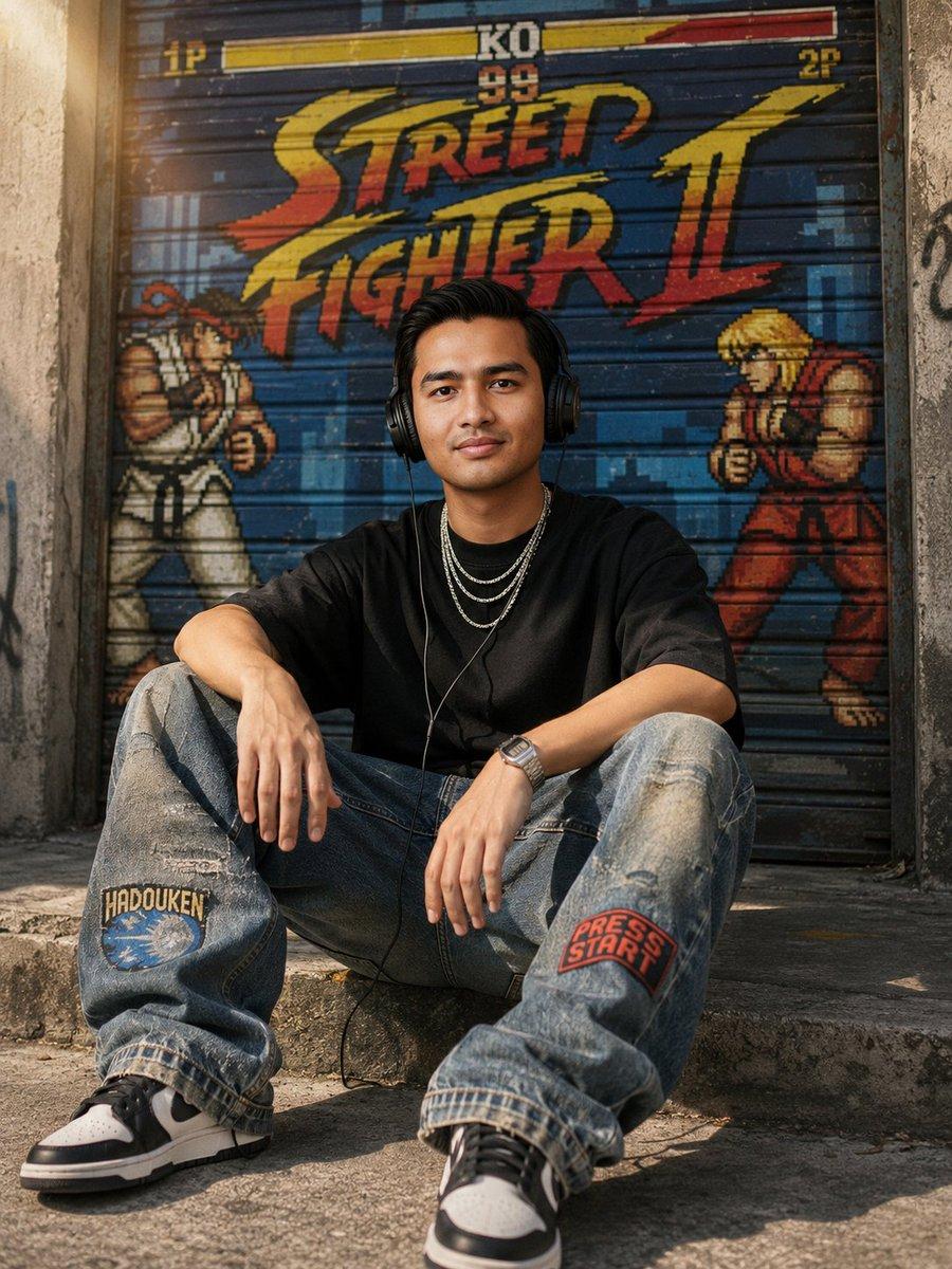 Urban Streetwear Sidewalk Portrait - AI image template preview