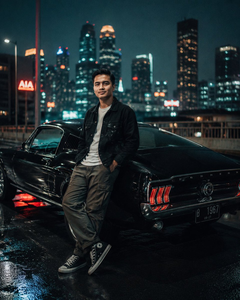 Cinematic Night City Mustang Portrait - AI image template preview