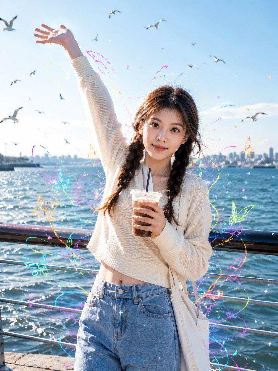 Seaside Street Photography with Neon Doodles - AI image template preview