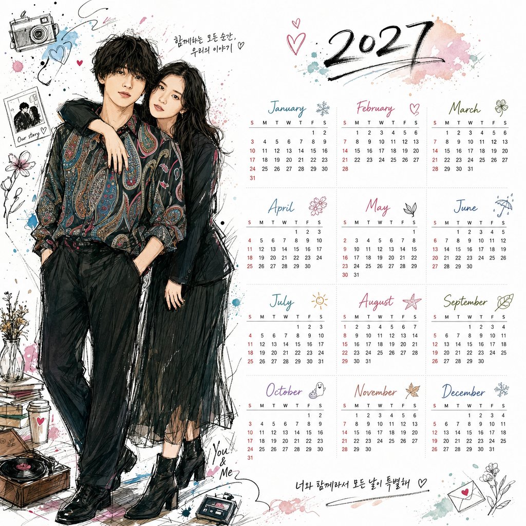 Korean Style Illustrated Desktop Calendar - AI image template preview