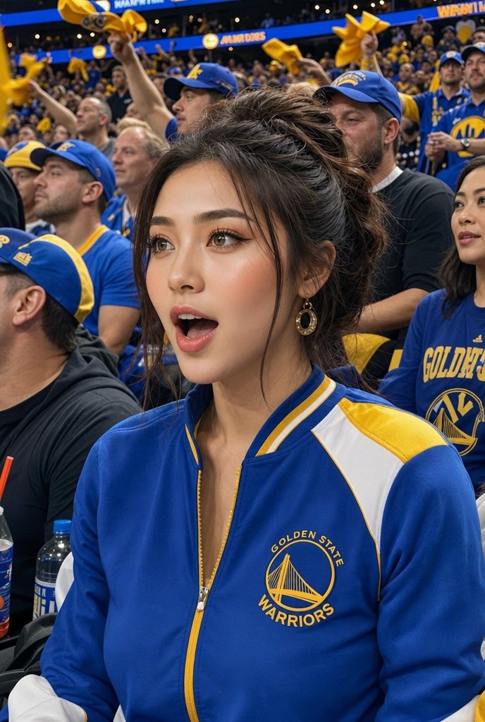 Warriors Fan Surprised Courtside Portrait - AI image template preview