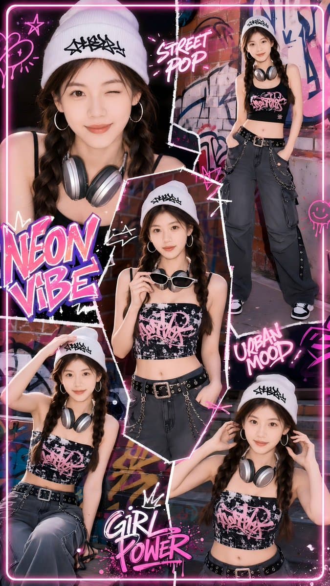 Neon Street Pop Fashion Collage - AI image template preview