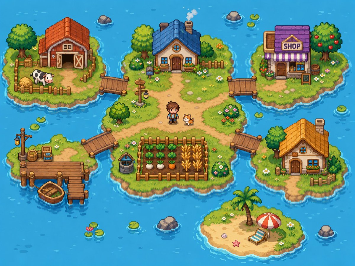 Cozy Pixel Farm Island Village - AI image template preview