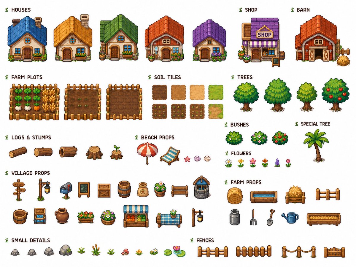 Cozy Farming Village Pixel Asset Sheet - AI image template preview