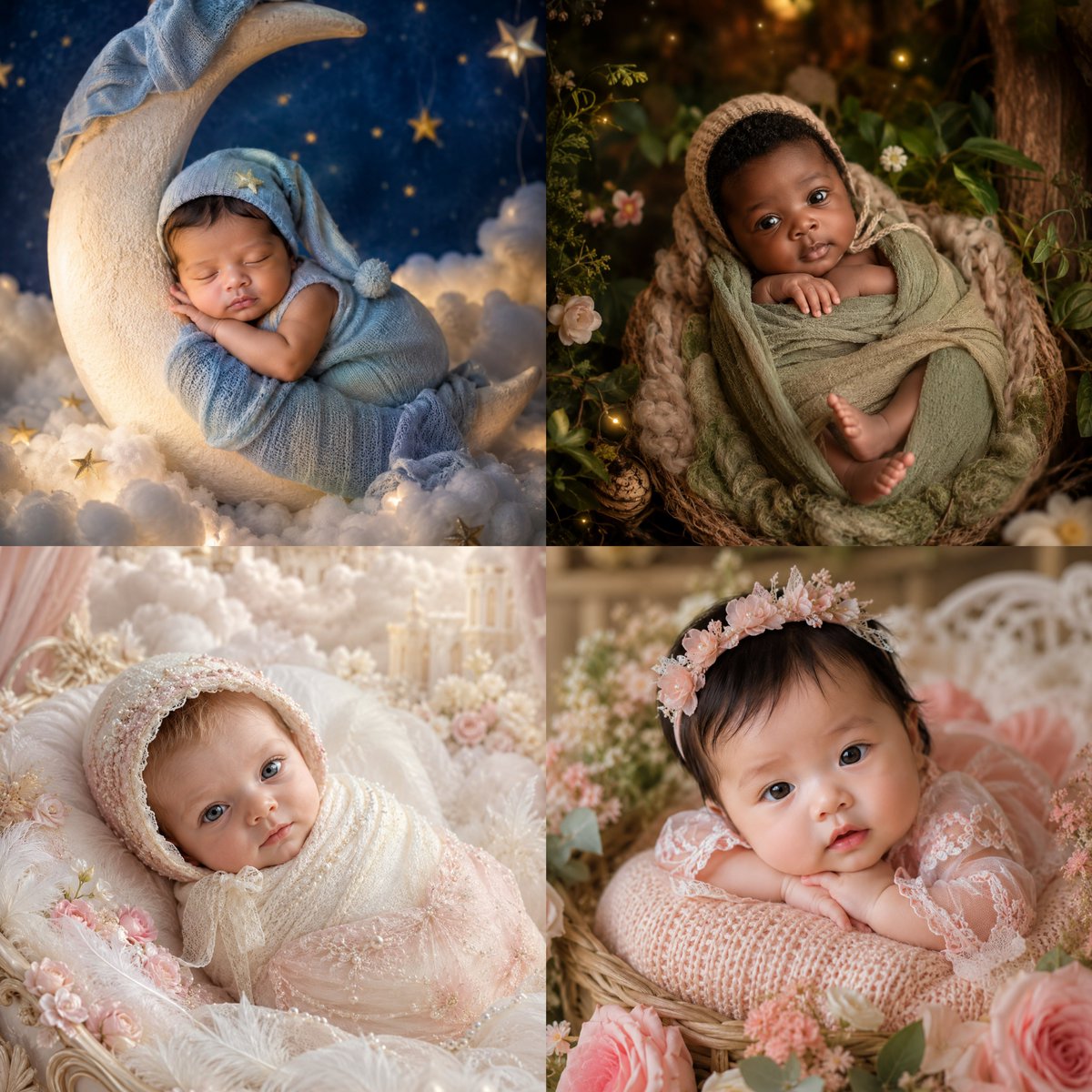 Four-Theme Newborn Portrait Collage - AI image template preview