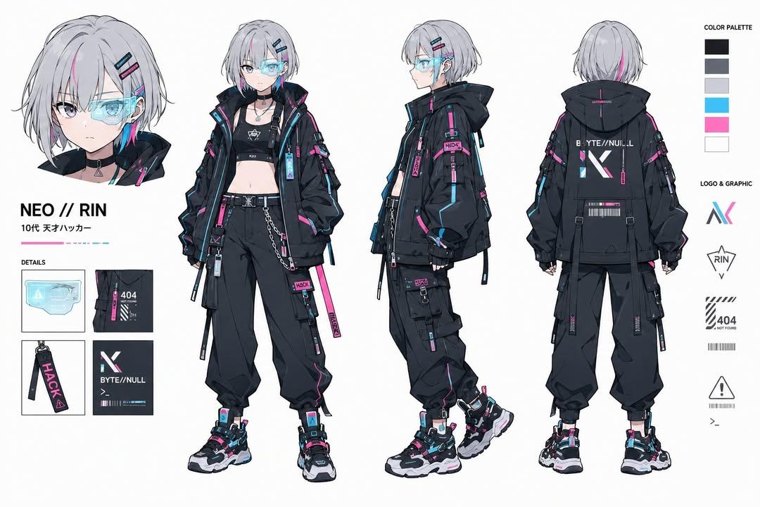 Cyberpunk Hacker Girl Character Design Sheet - AI image template preview
