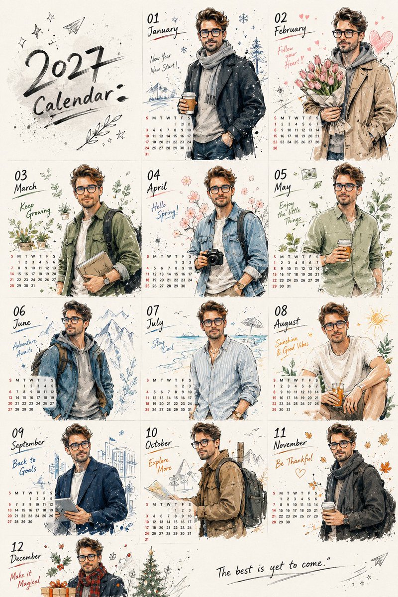 Korean Doodle Style Custom Calendar - AI image template preview