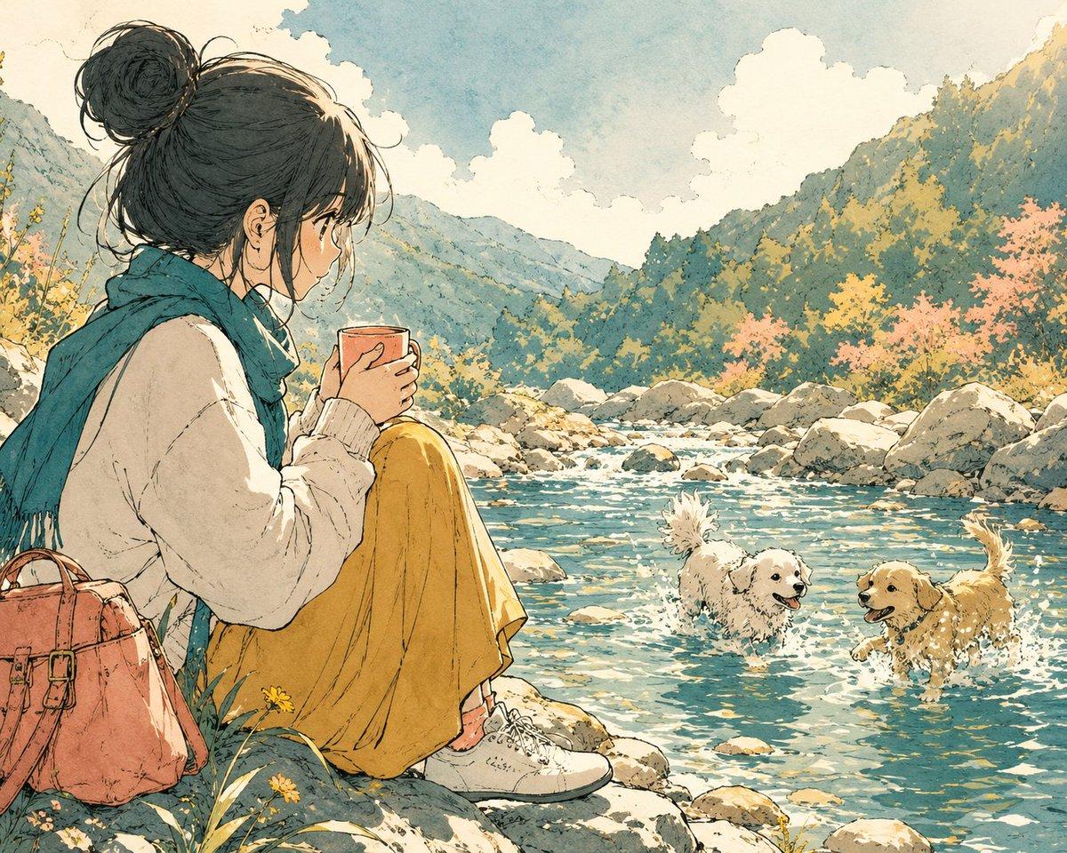 Anime Girl by River with Coffee - AI image template preview