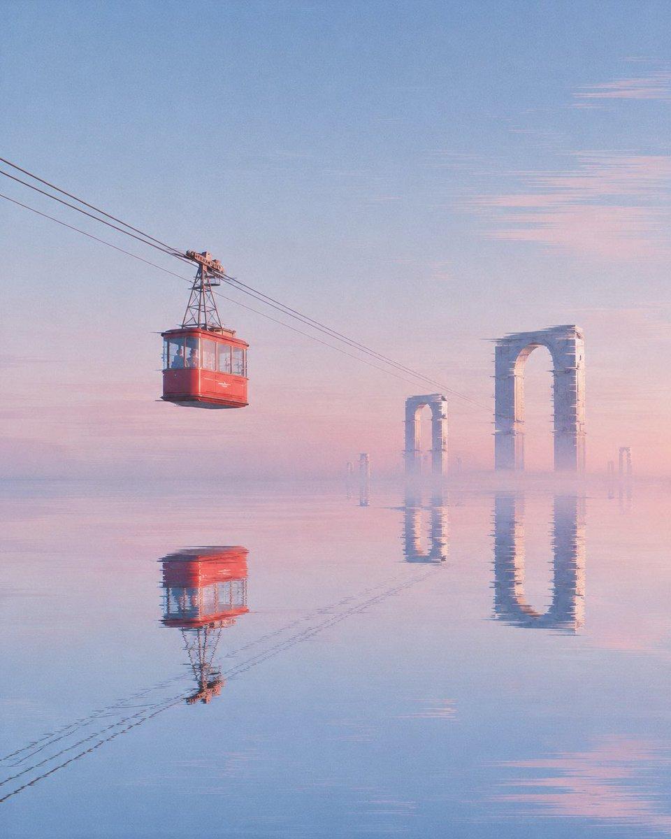 Red Cable Car Over Misty Water - AI image template preview
