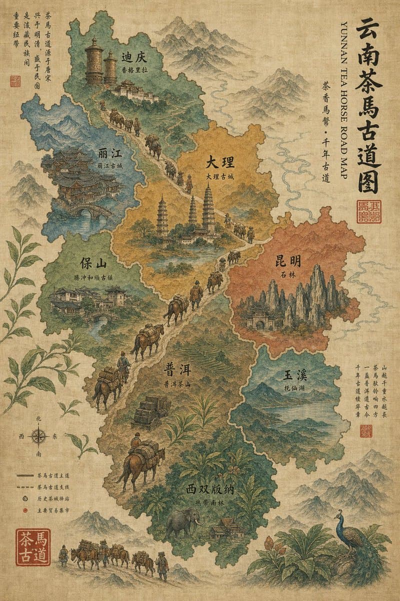 Vintage Yunnan Tea Horse Road Map - AI image template preview