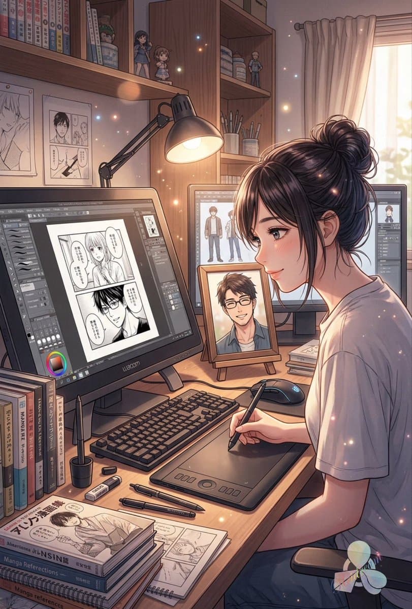 Cozy Anime Manga Artist Studio - AI image template preview